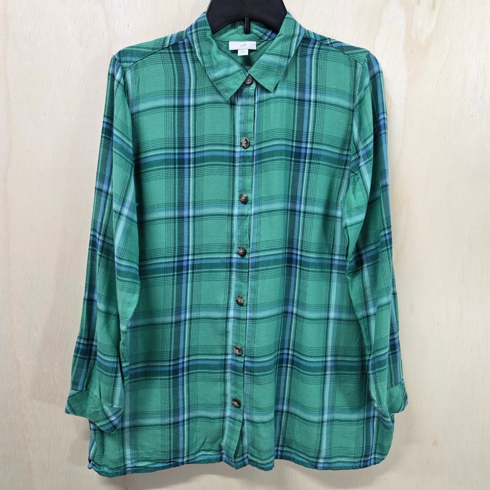 J. Jill Green Blue Plaid Cotton Modal Button Down Shirt Womens Size M Petite